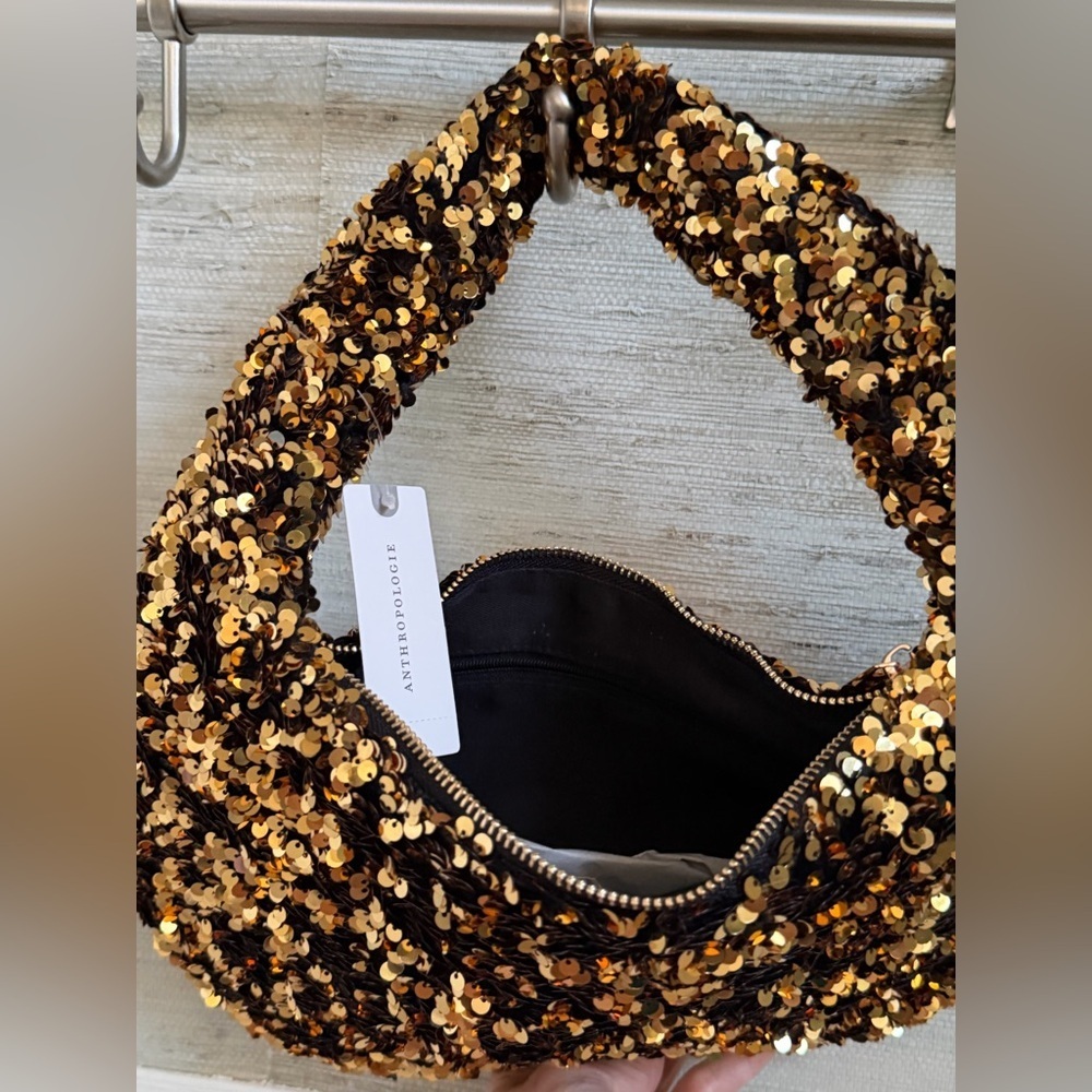 NWT new Anthropologie paillette sequin crescent bag gold purse - Picture 11 of 15